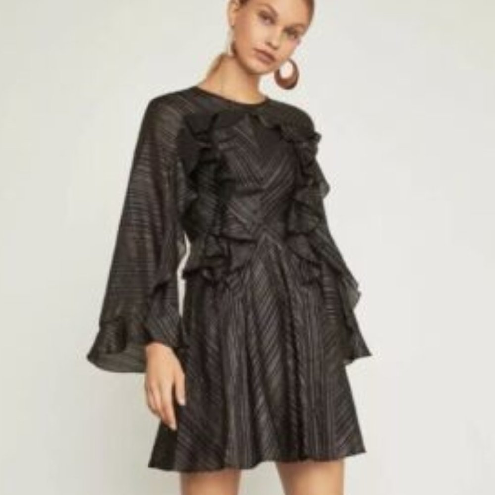 BCBGMAXAZRIA Dress Medium Metallic Black Ruffle Bell Sleeve Fit & Flare - Picture 3 of 6